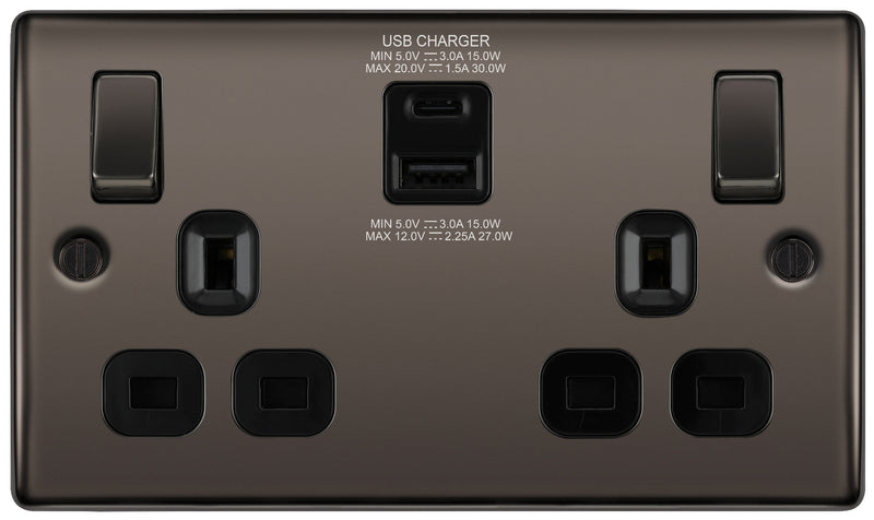 BG Nexus Metal USB USBC Double Socket in Black Nickel with Black Inserts - NBN22UAC30B